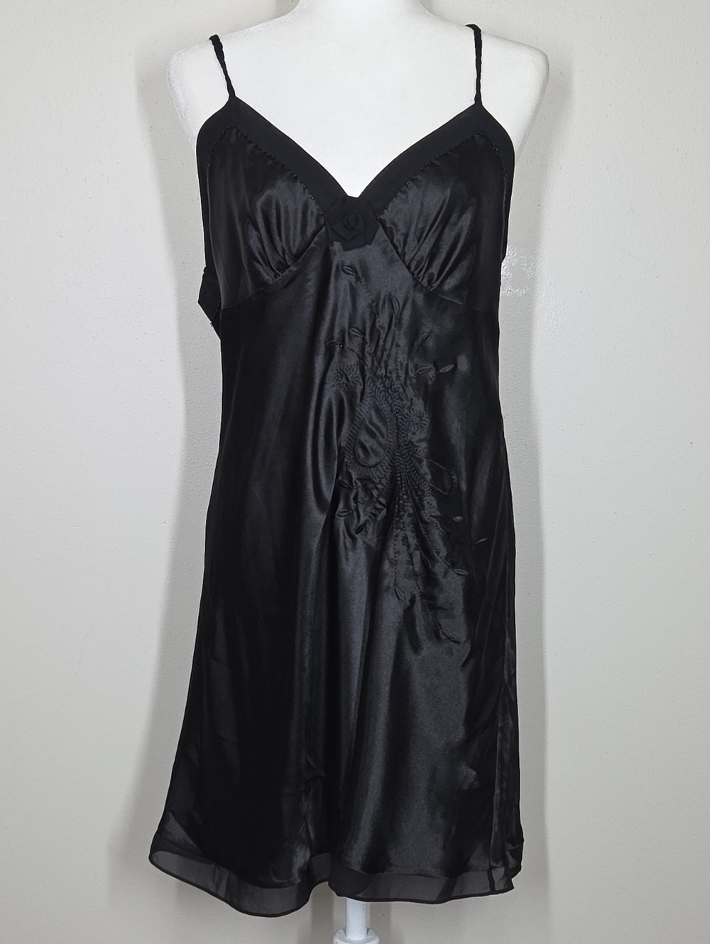Vtg Y2K Black Satin Beaded Embroidered Mini Slip Dress Fairy Grunge Goth Boho XL
